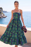 Blue Floral A Line Strapless Midi Wedding Guest Dress with Ruffles