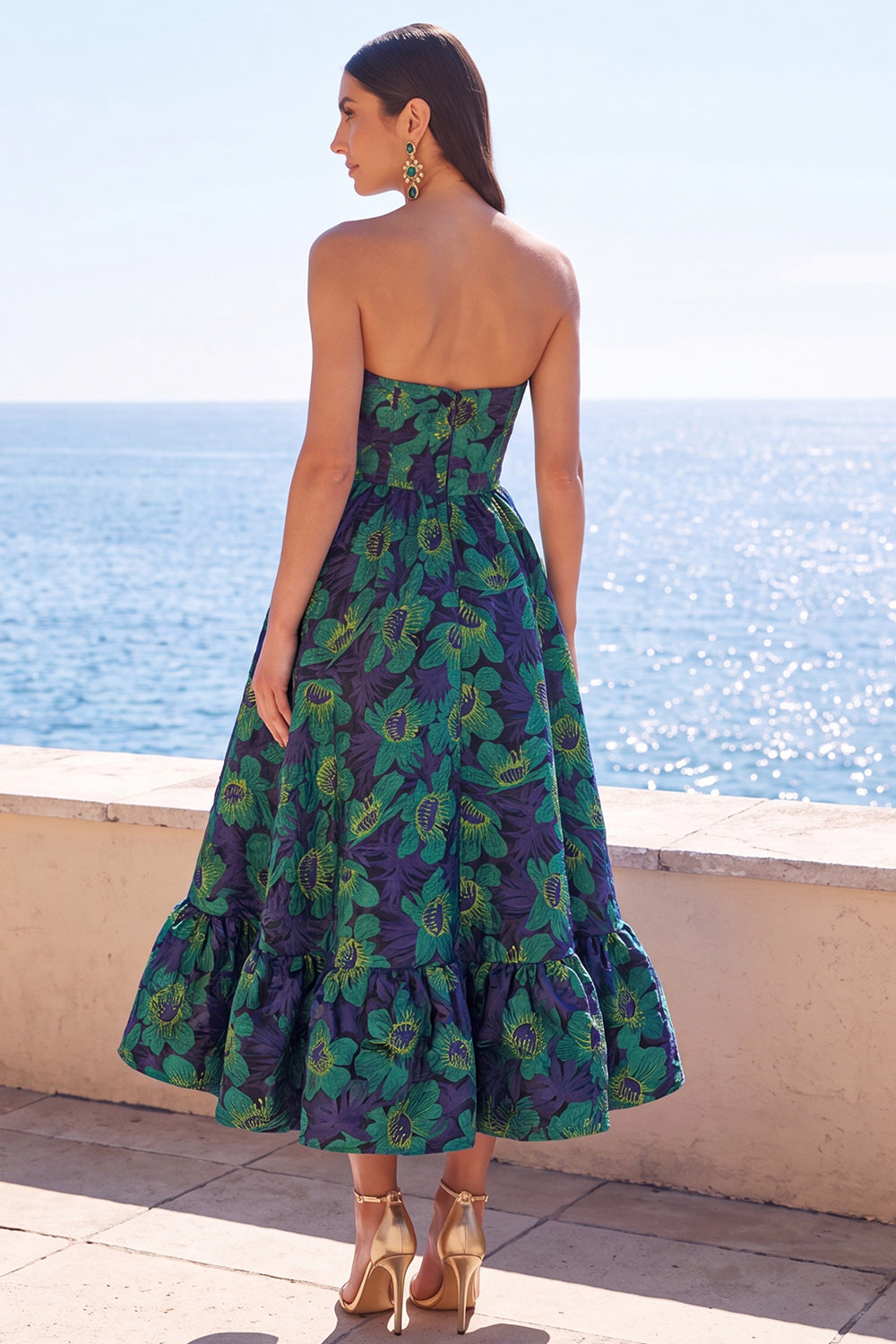 Blue Floral A Line Strapless Midi Wedding Guest Dress with Ruffles
