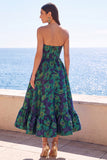 Blue Floral A Line Strapless Midi Wedding Guest Dress with Ruffles