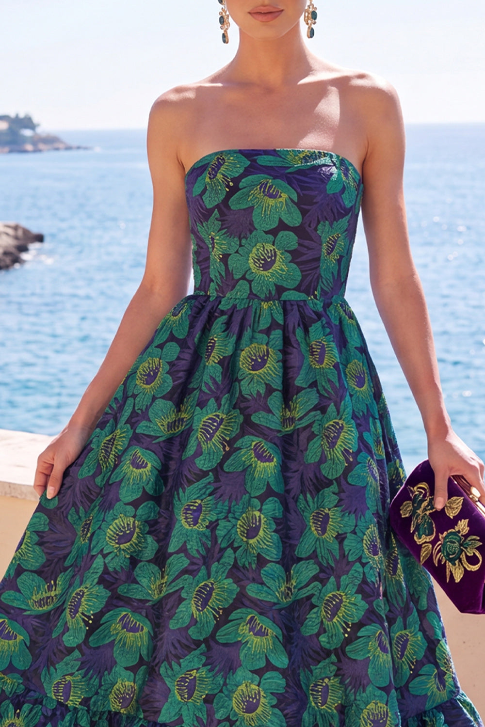 Blue Floral A Line Strapless Midi Wedding Guest Dress with Ruffles