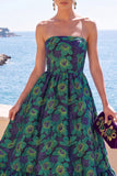 Blue Floral A Line Strapless Midi Wedding Guest Dress with Ruffles