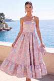 Blue Floral A Line Strapless Midi Wedding Guest Dress with Ruffles