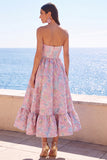 Blue Floral A Line Strapless Midi Wedding Guest Dress with Ruffles