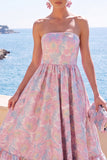 Blue Floral A Line Strapless Midi Wedding Guest Dress with Ruffles