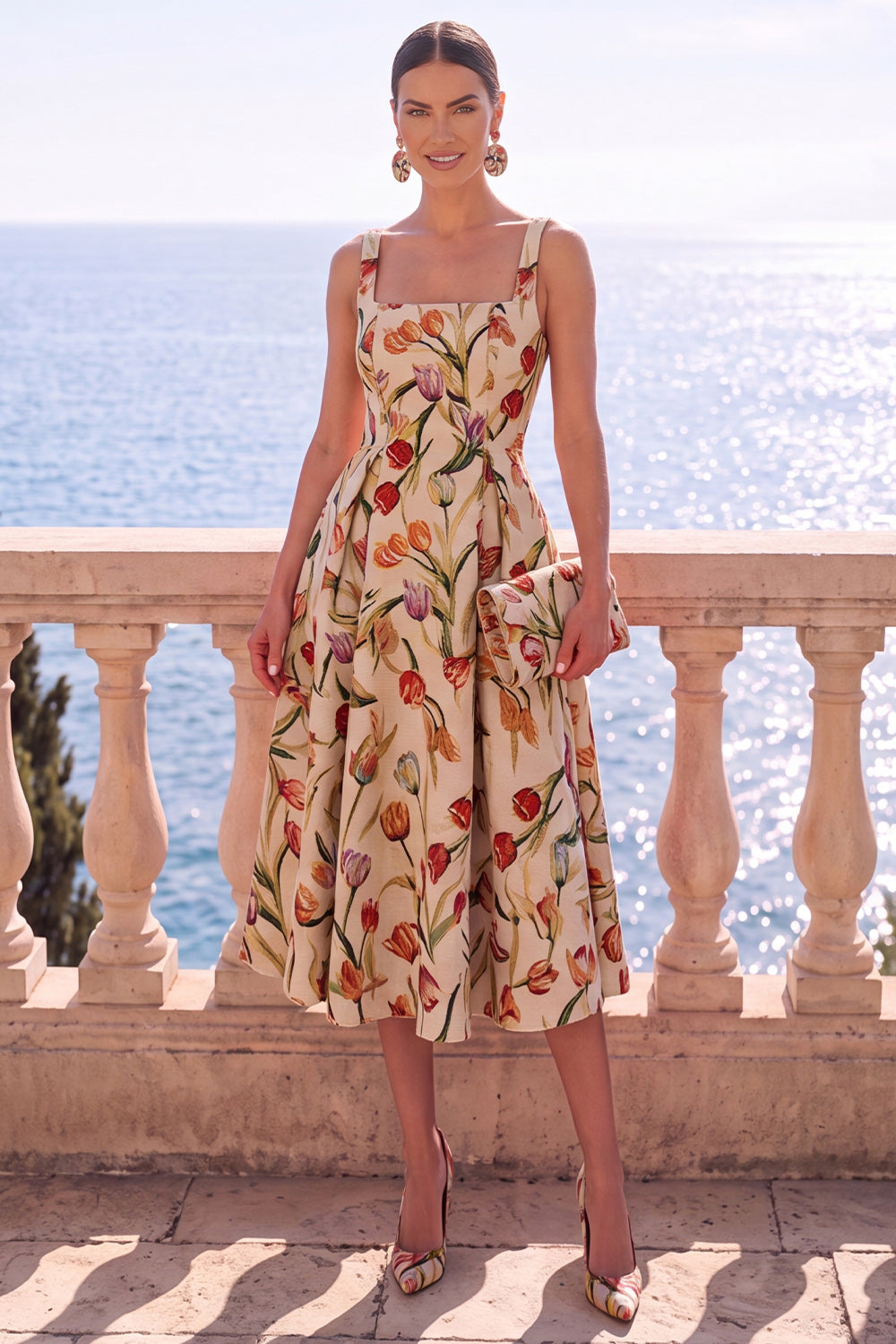 Floral Blue A Line Square Neck Jacquard Midi Wedding Guest Dress