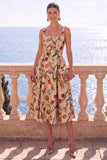 Floral Blue A Line Square Neck Jacquard Midi Wedding Guest Dress