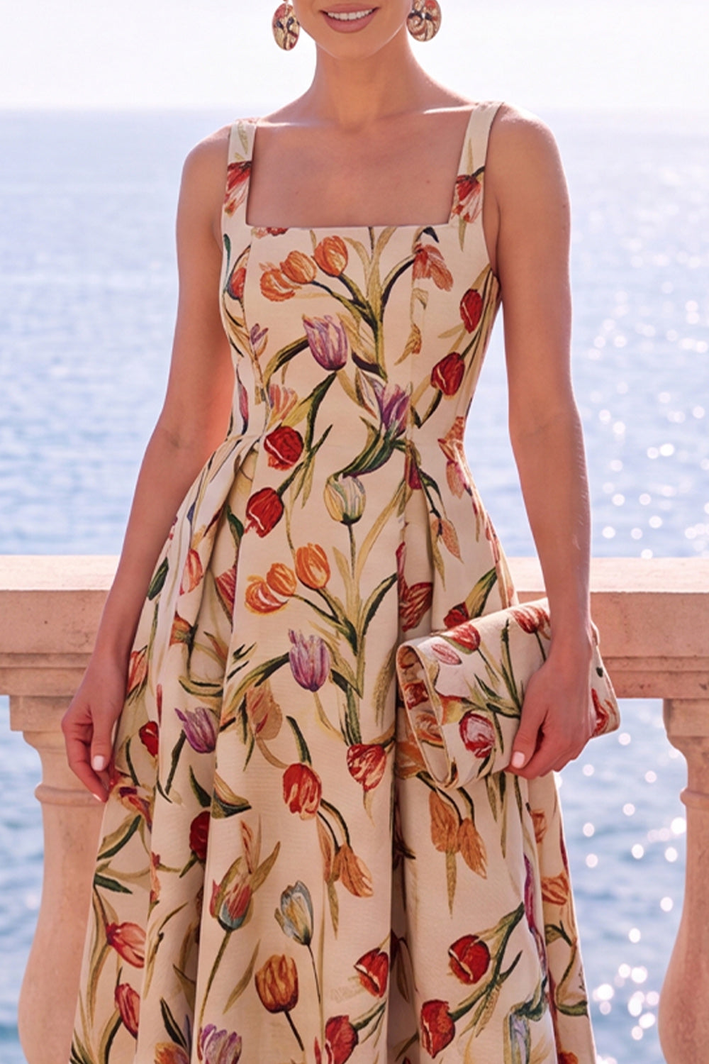 Floral Blue A Line Square Neck Jacquard Midi Wedding Guest Dress