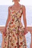 Floral Blue A Line Square Neck Jacquard Midi Wedding Guest Dress