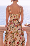 Floral Blue A Line Square Neck Jacquard Midi Wedding Guest Dress