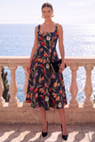 Floral Blue A Line Square Neck Jacquard Midi Wedding Guest Dress