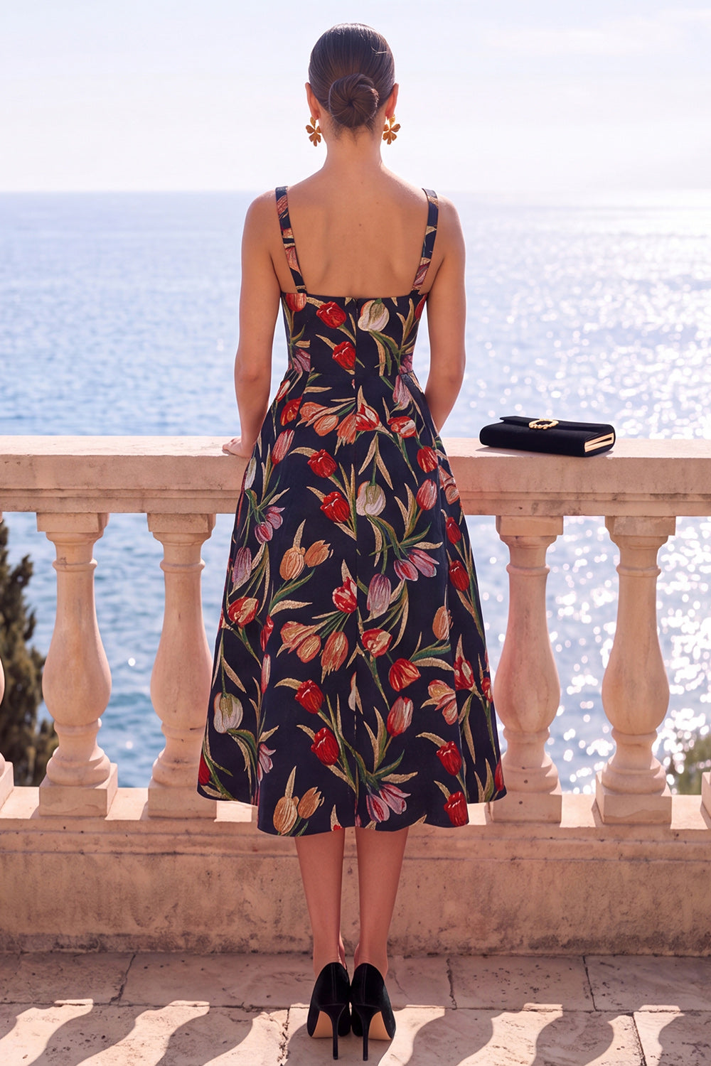 Floral Blue A Line Square Neck Jacquard Midi Wedding Guest Dress