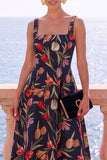 Floral Blue A Line Square Neck Jacquard Midi Wedding Guest Dress