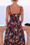 Floral Blue A Line Square Neck Jacquard Midi Wedding Guest Dress