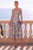 Floral Blue A Line Square Neck Jacquard Midi Wedding Guest Dress