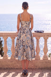 Floral Blue A Line Square Neck Jacquard Midi Wedding Guest Dress