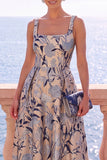 Floral Blue A Line Square Neck Jacquard Midi Wedding Guest Dress