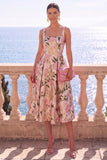 Floral Blue A Line Square Neck Jacquard Midi Wedding Guest Dress