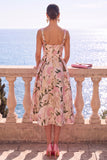 Floral Blue A Line Square Neck Jacquard Midi Wedding Guest Dress