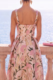Floral Blue A Line Square Neck Jacquard Midi Wedding Guest Dress