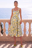 Floral Blue A Line Square Neck Jacquard Midi Wedding Guest Dress