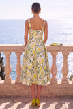 Floral Blue A Line Square Neck Jacquard Midi Wedding Guest Dress