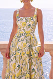 Floral Blue A Line Square Neck Jacquard Midi Wedding Guest Dress