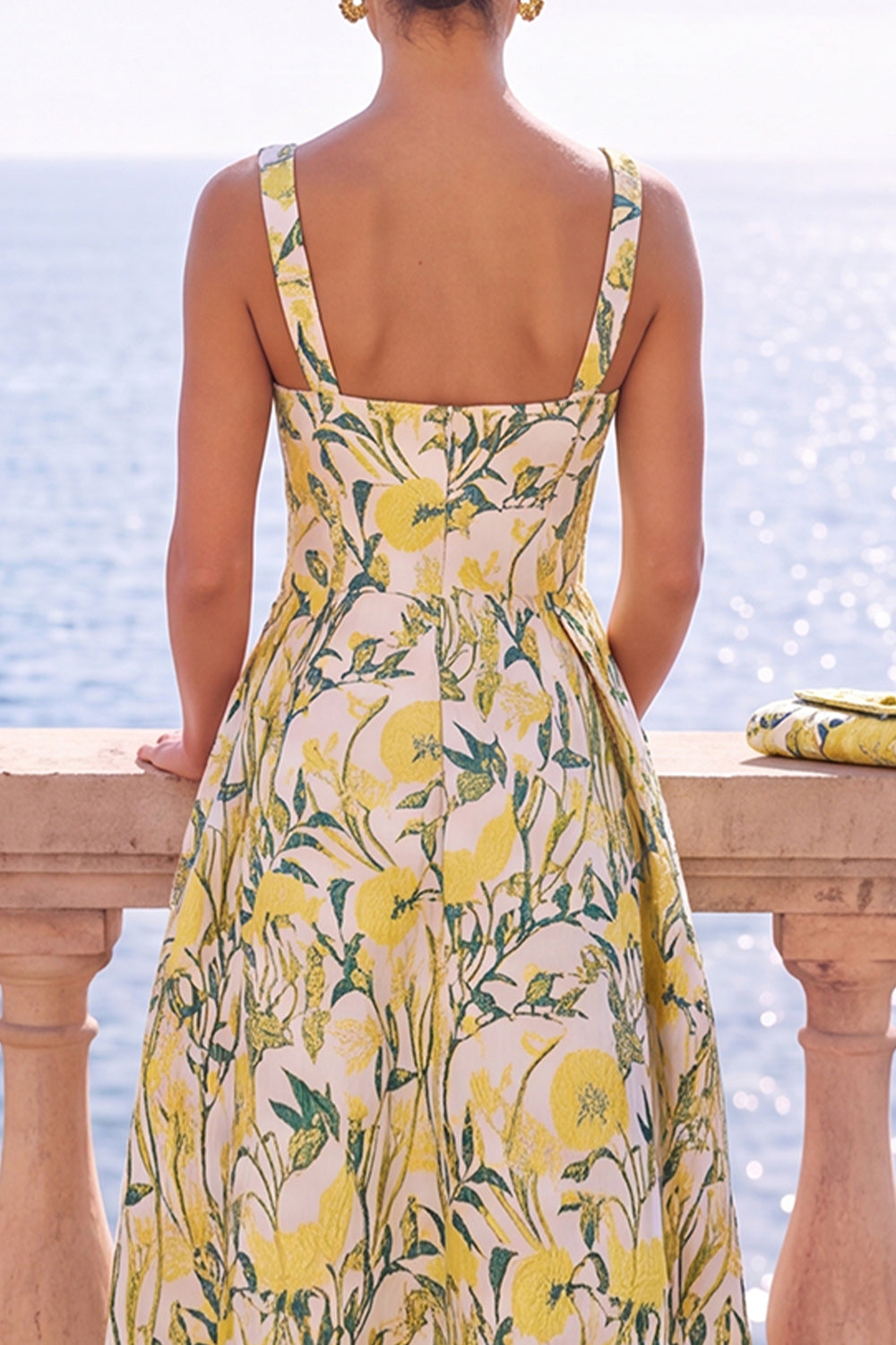 Floral Blue A Line Square Neck Jacquard Midi Wedding Guest Dress