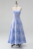 A Line Navy Blue Flower Strapless Midi Wedding Guest Dress