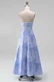 A Line Navy Blue Flower Strapless Midi Wedding Guest Dress
