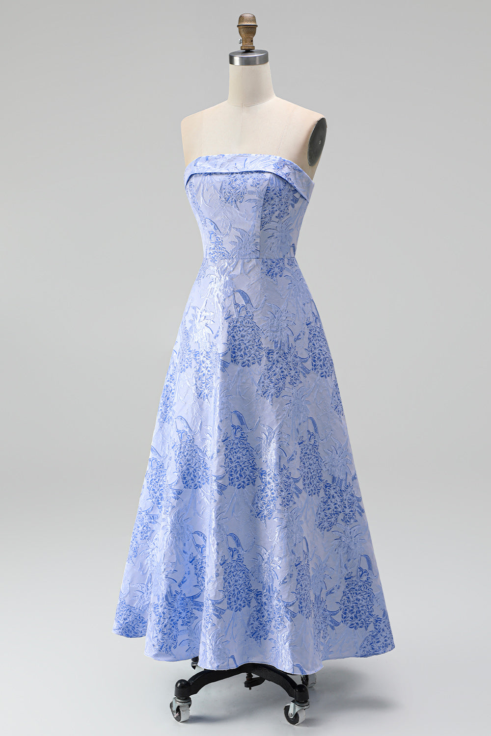 A Line Navy Blue Flower Strapless Midi Wedding Guest Dress
