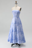 A Line Navy Blue Flower Strapless Midi Wedding Guest Dress