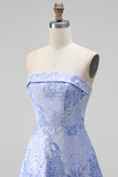 A Line Navy Blue Flower Strapless Midi Wedding Guest Dress