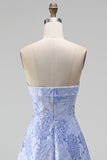A Line Navy Blue Flower Strapless Midi Wedding Guest Dress