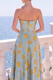 A Line Navy Blue Flower Strapless Midi Wedding Guest Dress