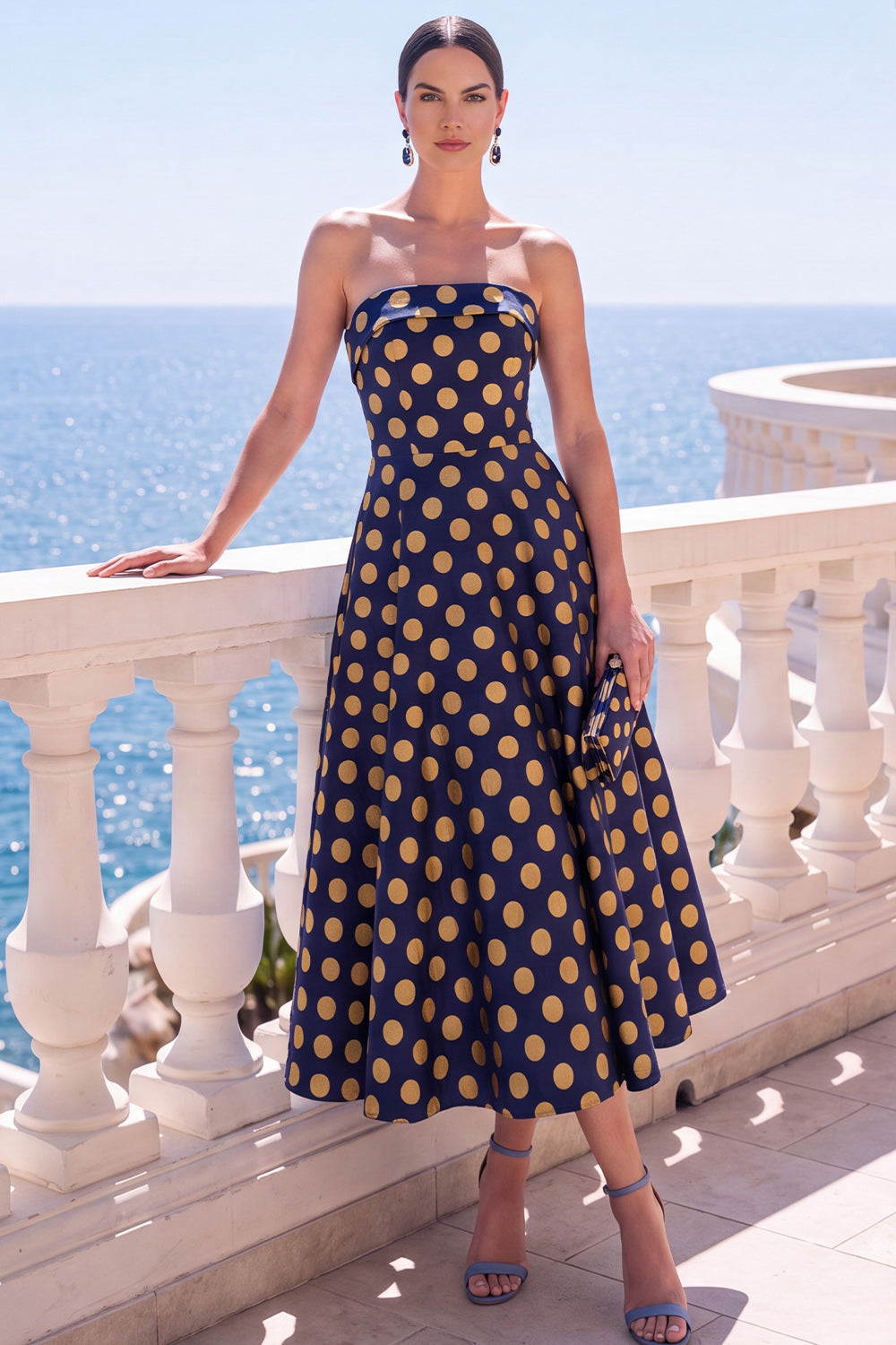 ZAPAKA Women Blue Wedding Guest Dress A-Line Jacquard Strapless Floral Midi Dress, Gold Dot / UK22