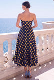 A Line Navy Blue Flower Strapless Midi Wedding Guest Dress