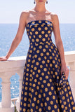 A Line Navy Blue Flower Strapless Midi Wedding Guest Dress