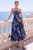 A Line Navy Blue Flower Strapless Midi Wedding Guest Dress