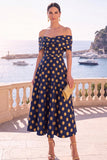 Gold Dot A Line Off the Shoulder Midi Wedding Guest Dress