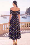 Gold Dot A Line Off the Shoulder Midi Wedding Guest Dress
