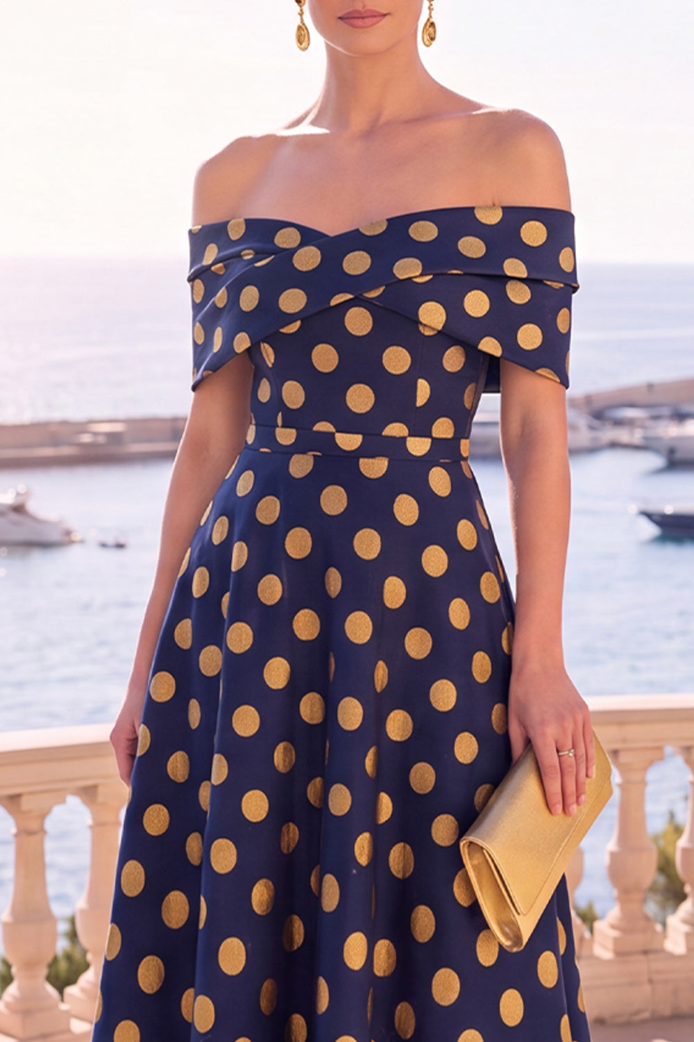 Gold Dot A Line Off the Shoulder Midi Wedding Guest Dress