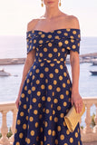 Gold Dot A Line Off the Shoulder Midi Wedding Guest Dress