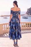 Gold Dot A Line Off the Shoulder Midi Wedding Guest Dress