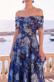 Gold Dot A Line Off the Shoulder Midi Wedding Guest Dress