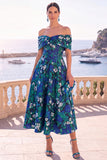 Gold Dot A Line Off the Shoulder Midi Wedding Guest Dress