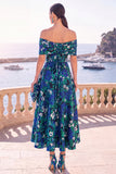 Gold Dot A Line Off the Shoulder Midi Wedding Guest Dress
