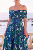 Gold Dot A Line Off the Shoulder Midi Wedding Guest Dress