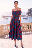 Gold Dot A Line Off the Shoulder Midi Wedding Guest Dress