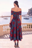 Gold Dot A Line Off the Shoulder Midi Wedding Guest Dress
