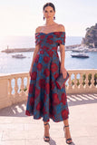 Gold Dot A Line Off the Shoulder Midi Wedding Guest Dress